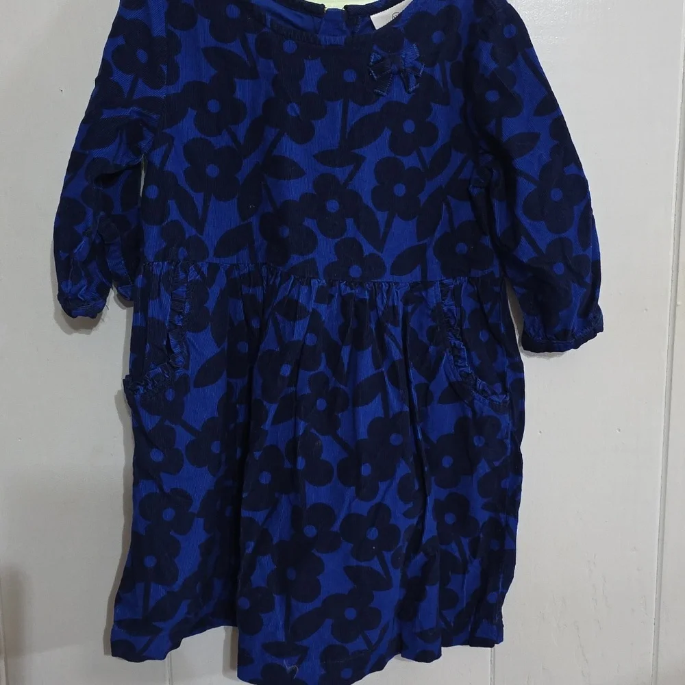 Hanna Andersson Girls Corduroy Dress Blue Floral Pockets Sz 110/5-6X EUC‎